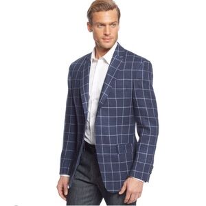 Lauren By Ralph Lauren Linen Blend Navy Windowpane Sport Coat